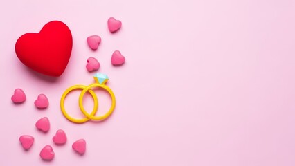 Overhead view of engagement rings, heart candy, and large heart on pink background