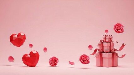 Pink Valentine's Day Background with Hearts, Roses, and Gifts