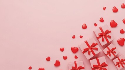 Pink Gift Boxes and Red Hearts on Pastel Background