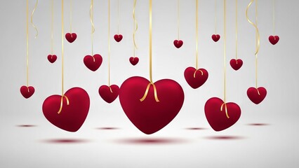 Hanging Red Hearts with Gold Ribbons on Light Background