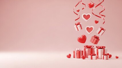 Falling Valentine's Day Gifts and Hearts on Pink Background