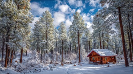 Rustic wooden dwelling nestled among tall snow-covered pine trees under a bright blue sky