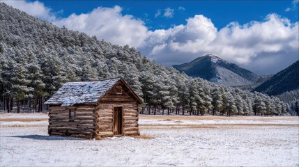 Rustic wooden cabin sits nestled beside a snow-dusted forest and distant mountains under a bright sky