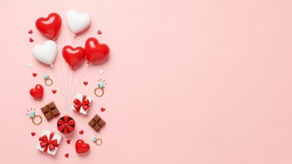 Valentine's Day Gifts and Balloons on Pink Background