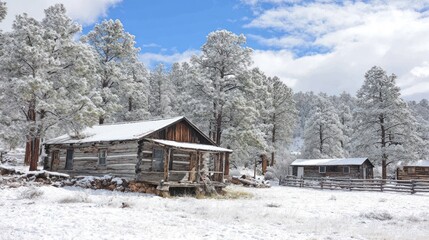 Weathered wooden cabins nestle among snow-covered evergreen trees under a bright sky