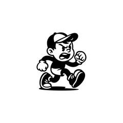 Angry cartoon boy character running forward with clenched fists, wearing cap and sneakers, bold black and white flat vector illustration isolated on white background