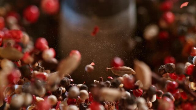 crushing spice seeds with a stone pestle inside a mortar in slow motion