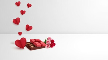 Valentine's Day Gifts with Floating Paper Hearts Background