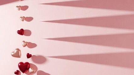 Assortment of Shiny Hearts with Dramatic Shadows on Pink Background