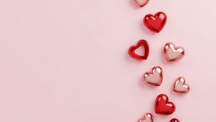 Scattered Red and Rose Gold Hearts on Pink Background