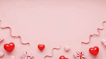 Pink Background with Hearts, Ribbons, and Gift Boxes for Romance