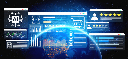 A captivating futuristic digital interface showcasing AI, e-commerce, and data analytics elements against a stunning cosmic view of Earth, highlighting user profiles and performance metrics. Gantry