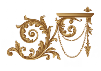 Gold ornate wall bracket with chains decoration isolated on a transparent background