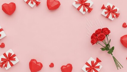 Valentine's Day Background with Roses and Gifts on Pink
