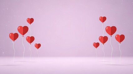 Red Heart Balloons Floating Against Soft Lavender Background