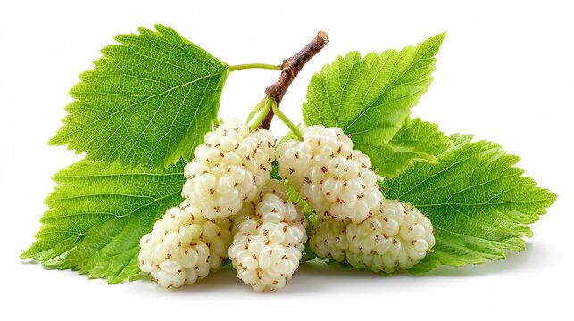 Close-up of fresh white mulberries with green leaves on white background