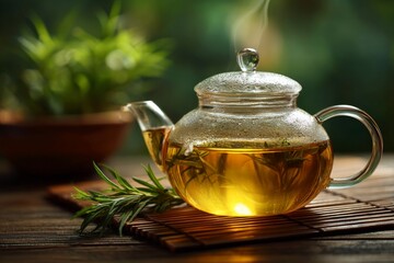 Hot Herbal Tea in Glass Teapot with Steam