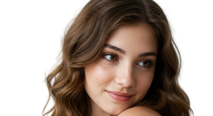 Fototapeta premium Smiling young woman with long brown hair for beauty and fashion branding, Isolated On Transparent Background