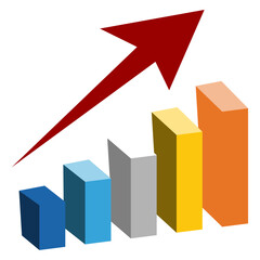 Business growth bar chart vector illustration with red upward arrow, 3D isometric style, financial progress concept for marketing and sales data visualization isolated on white background.