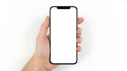 Direct view of hand gripping modern phone with completely white blank screen on white background