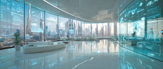 Modern futuristic interior with large windows and city view digital screens