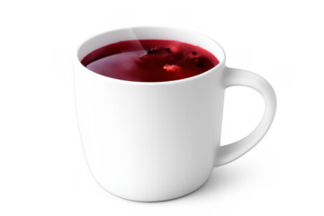 White mug holding red berry herbal tea infusion
