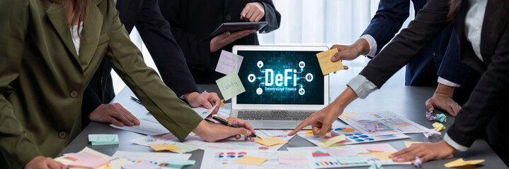 Analyst team use sticky note for creative and analytic brainstorm for business idea with BI data dashboard on laptop screen. Analysis financial data visualization tech for marketing strategy. Prodigy