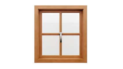 Wooden casement window with silver handle and frosted glass panes