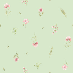 Fototapeta premium Soft Pink Floral Seamless Pattern on Light Green Background