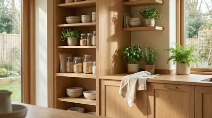 Warm light fills a cozy kitchen with wooden shelves and green plants for a relaxed home lifestyle