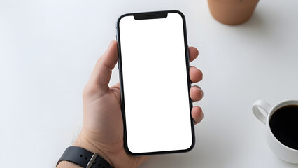 Man holding vertical blank smartphone next to coffee cup on white office desk surface