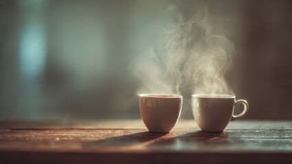 Steaming coffee cups on wooden table
