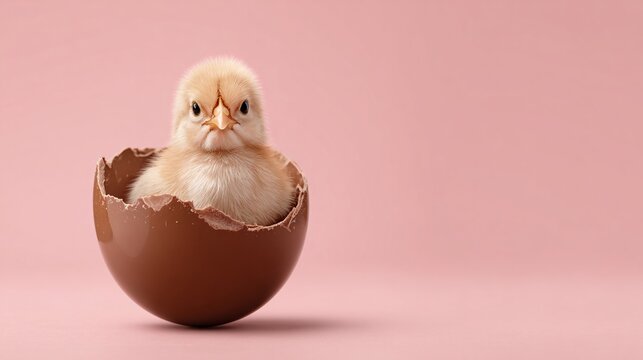 Adorable yellow chick hatching from chocolate Easter egg on pink background