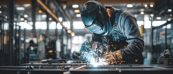 Welder working with protective gear in industrial workshop environment