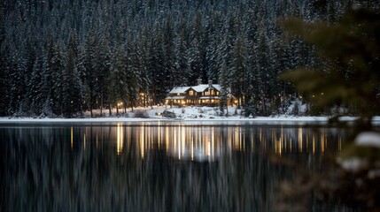 Cozy illuminated dwelling stands beside still water backed by a dense snow covered forest