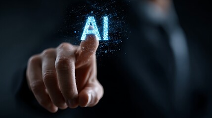 Businessman interacting with futuristic AI technology interface