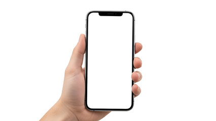 Male hand holding modern smartphone vertically with large blank white screen facing forward