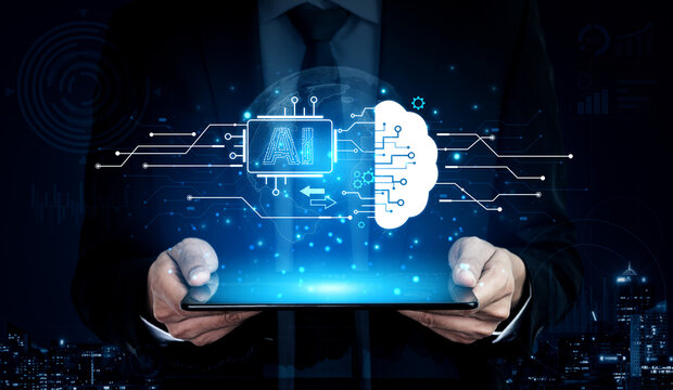 Concept of artificial intelligence and machine learning. A central processor transfers information to a cloud brain, representing a global neural network and deep learning. Fermion - Powered by Adobe