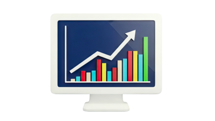 Computer screen displaying a rising bar chart and arrow
