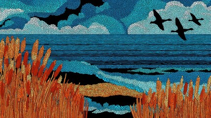 Stylized depiction of waterfowl flying over water beside tall marsh plants under a dramatic sky