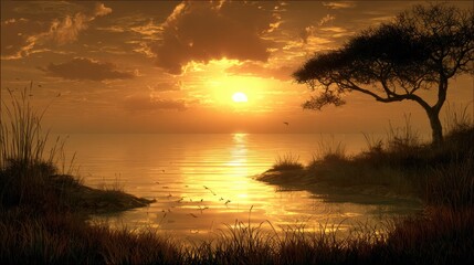 Warm glowing sun descends over a serene water body near a lone silhouetted tree