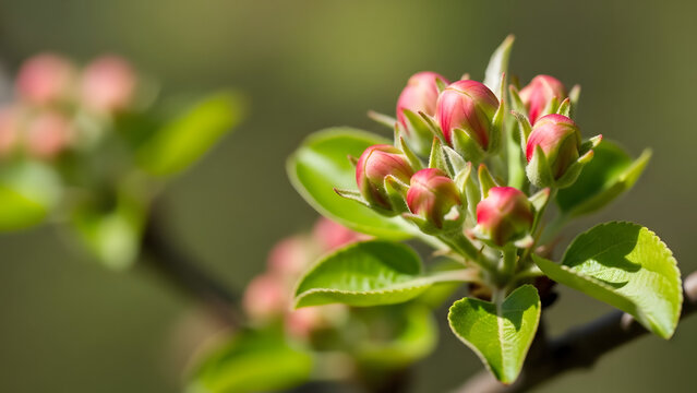 Apple tree buds on branch with green leaves in spring Concept of Budding trees  