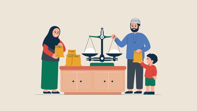 Family preparing Zakat Fitrah during Ramadhan, weighing and packing rice with a scale
