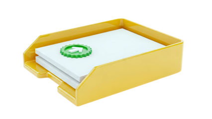 Yellow document tray with papers and approval icon