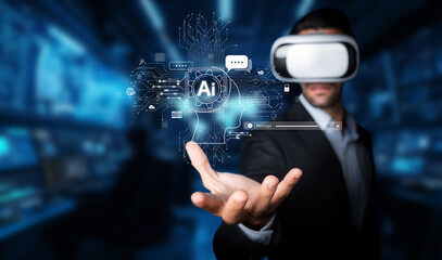 A businessman wearing virtual reality goggles interacts with advanced AI technology. This image captures the essence of innovation in chatbots and personal assistants. XDMCP