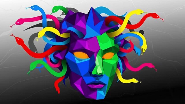 A vibrant, abstract depiction of Medusa's head with colorful snakes.