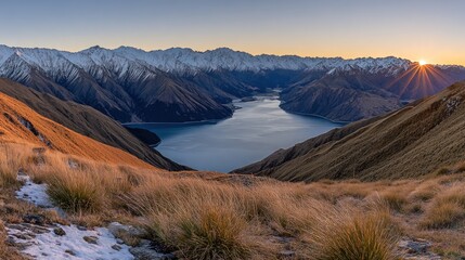 Stunning panorama captures sunrise over a glacial lake nestled between rugged mountain ranges