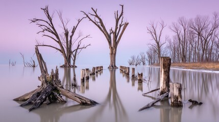 Bare tree silhouettes reflect in still water under a pale lavender sky