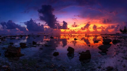 Vibrant tropical seascape displays dramatic clouds reflecting fiery sunset hues across shallow water.