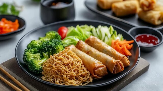 An Appetizing Display of Fresh Asian Cuisine: Spring Rolls, Noodles, and Vegetables